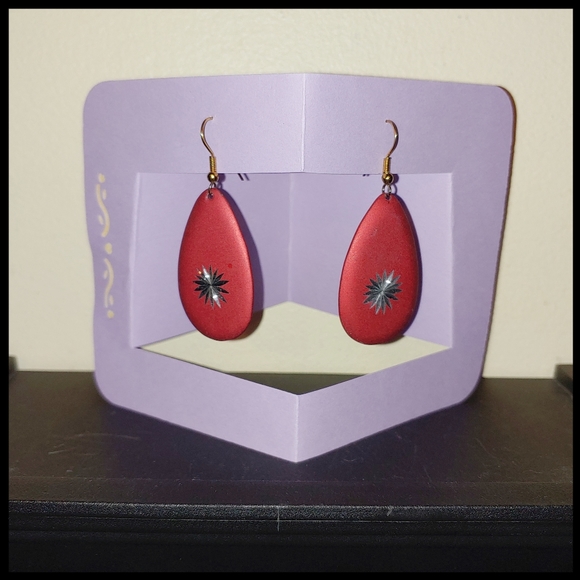 Jewelry - Red Drop Earrings with Carved Strarburst